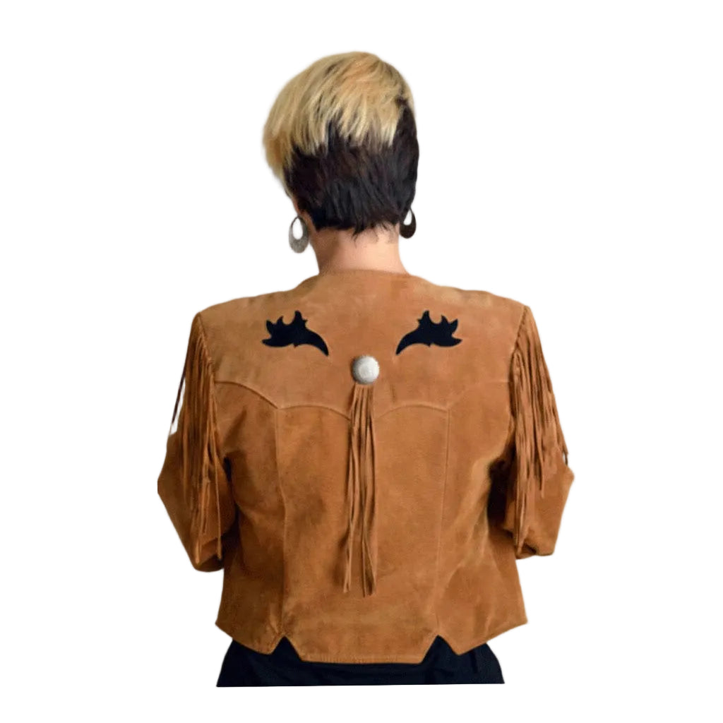 Brown suede jacket with fringe and black feather designs on a white background