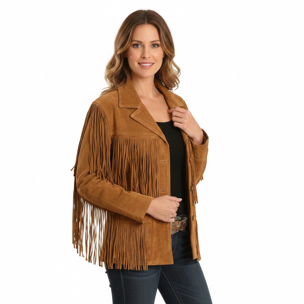 Woman wearing a brown suede fringe jacket on a white background