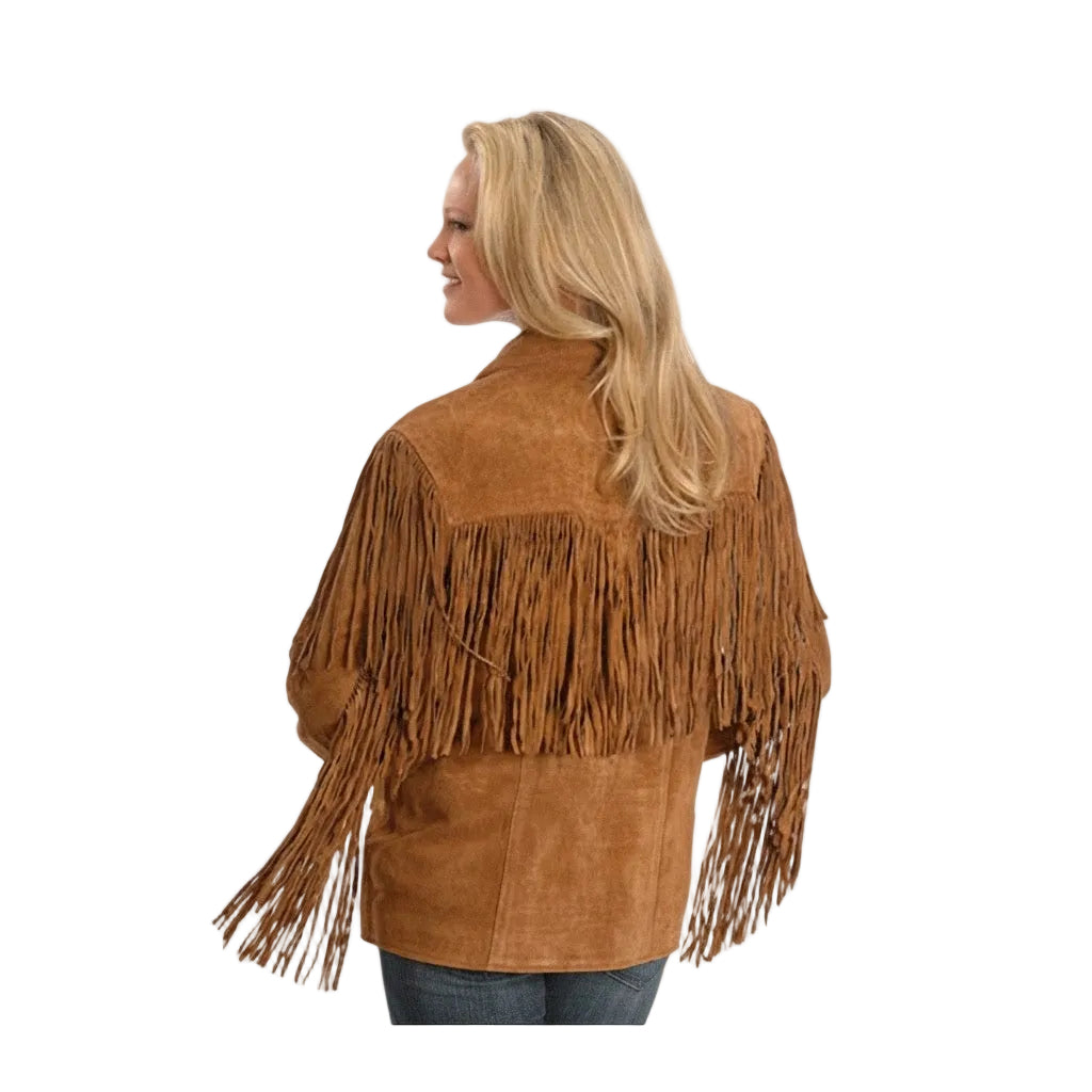 A woman shown from the back wearing a brown suede fringe jacket, paired with blue jeans, against a plain white background.