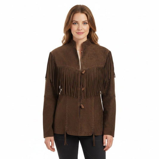 Woman wearing a brown suede jacket with fringe details on a white background