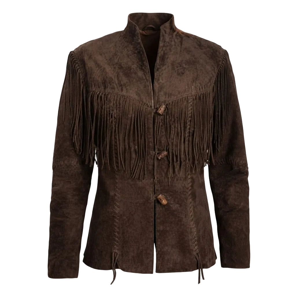 A dark brown suede fringe jacket with a collar and decorative buttons, shown against a plain white background.