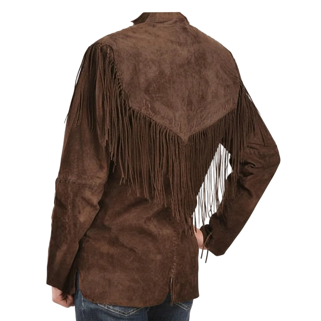 A brown suede fringe jacket shown from the back on a model, featuring long hanging fringe across the shoulders and upper back, paired with blue jeans against a plain white background.