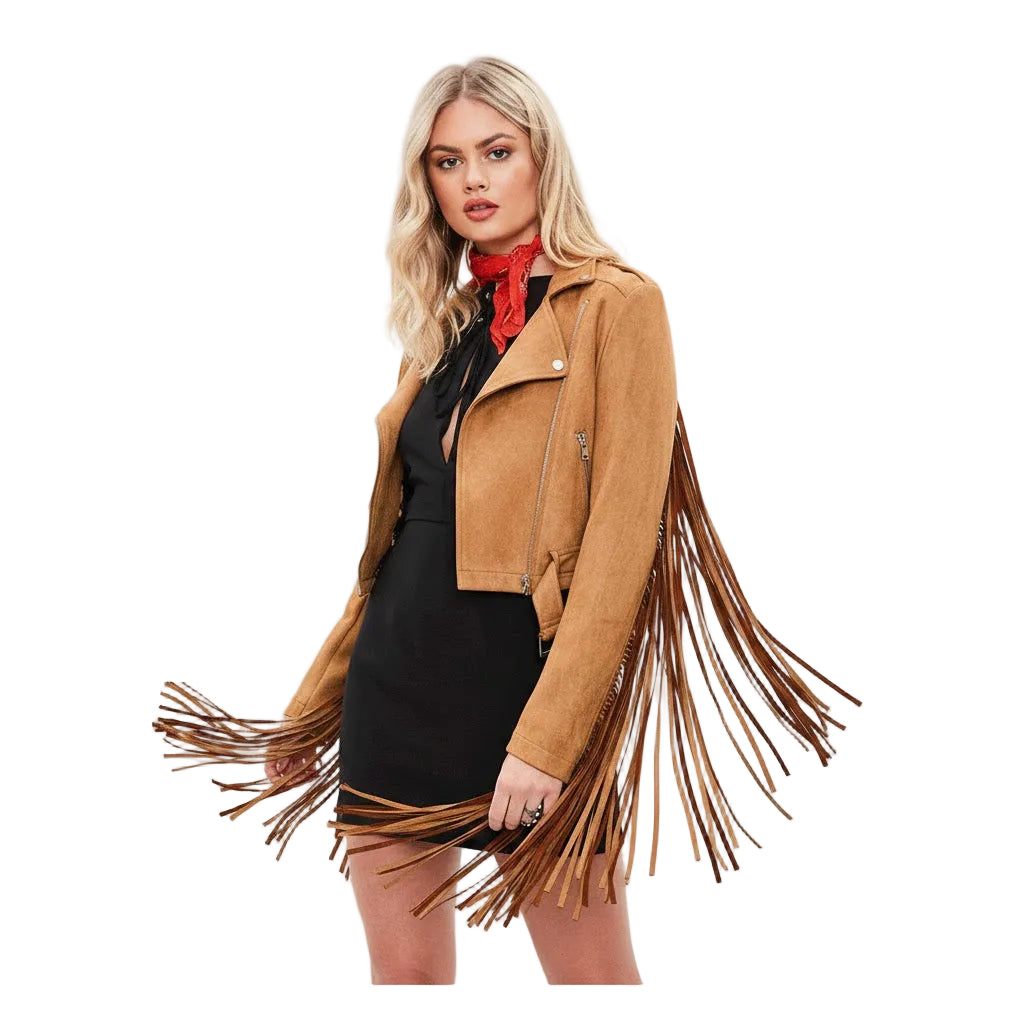 Woman wearing a tan fringed jacket over a black dress on a white background