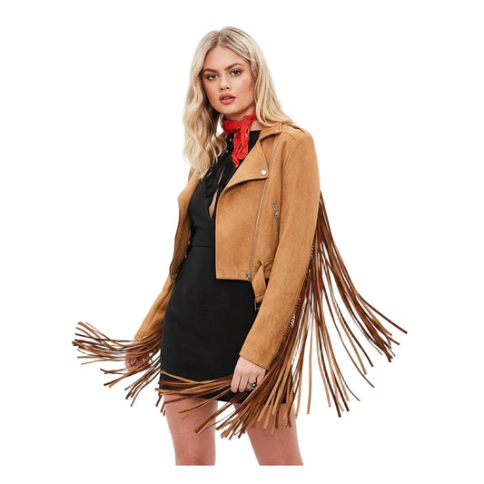 Woman wearing a tan fringed jacket over a black dress on a white background