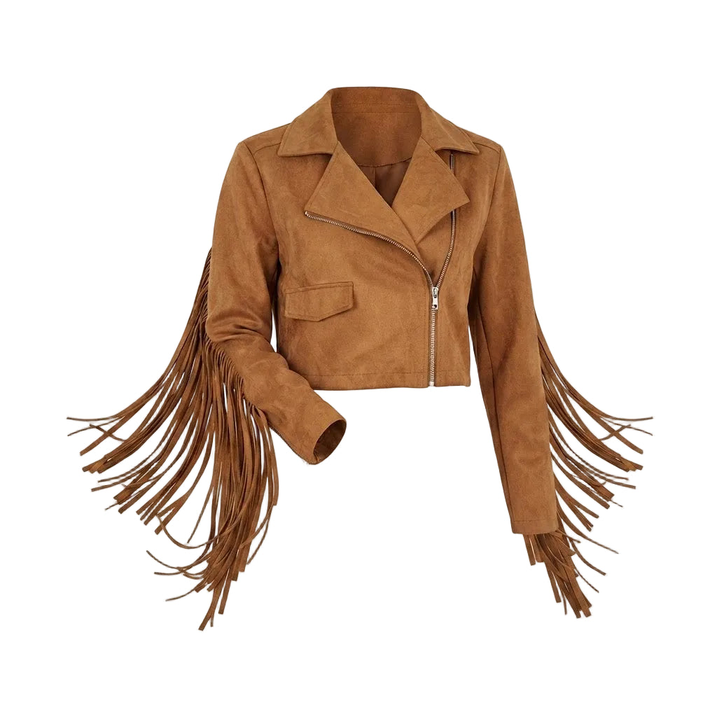 A cropped brown faux-suede moto jacket with long fringe detailing on the sleeves, shown against a plain white background.