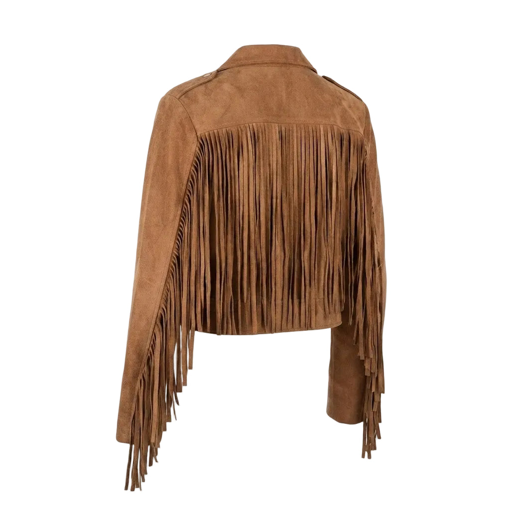 A brown suede fringe jacket shown from the back, featuring long hanging fringe across the back and sleeves, set against a plain white background.