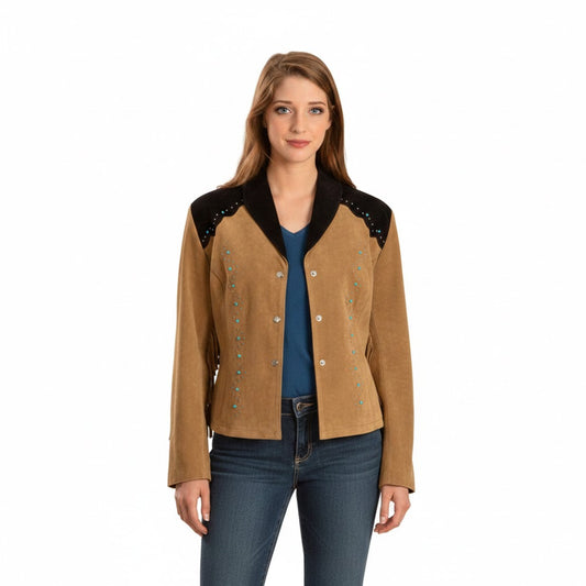 Woman wearing a tan jacket with black accents on a white background