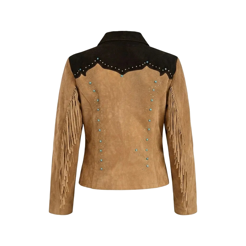 A brown suede fringe jacket with turquoise bead accents, shown from the back on a white background.