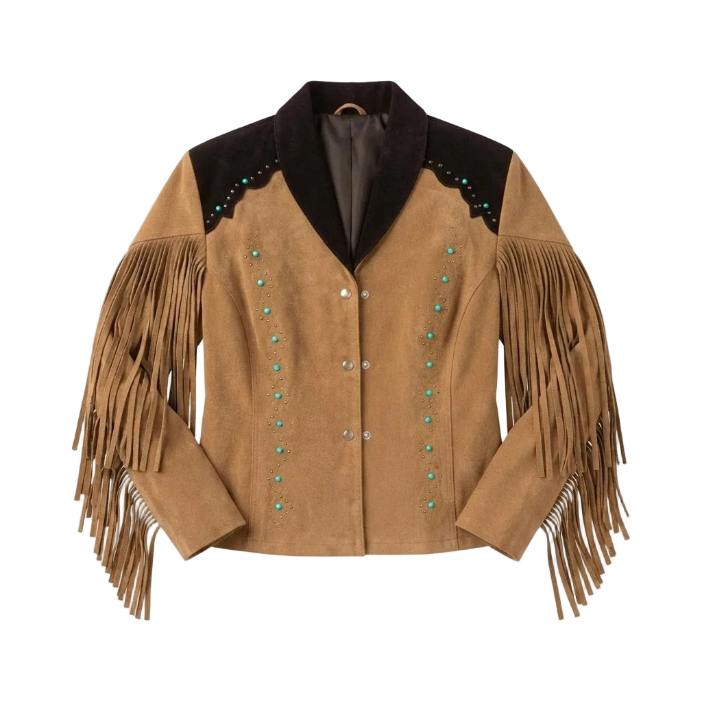 A brown suede fringe jacket with black velvet shoulder turquoise bead accents, and silver-tone buttons, shown against a plain white background.