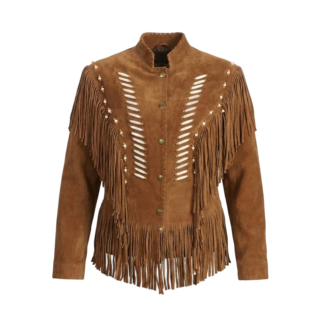 A brown suede fringe jacket with decorative white embroidered stripes and silver bead accents on the front, set against a plain white background.