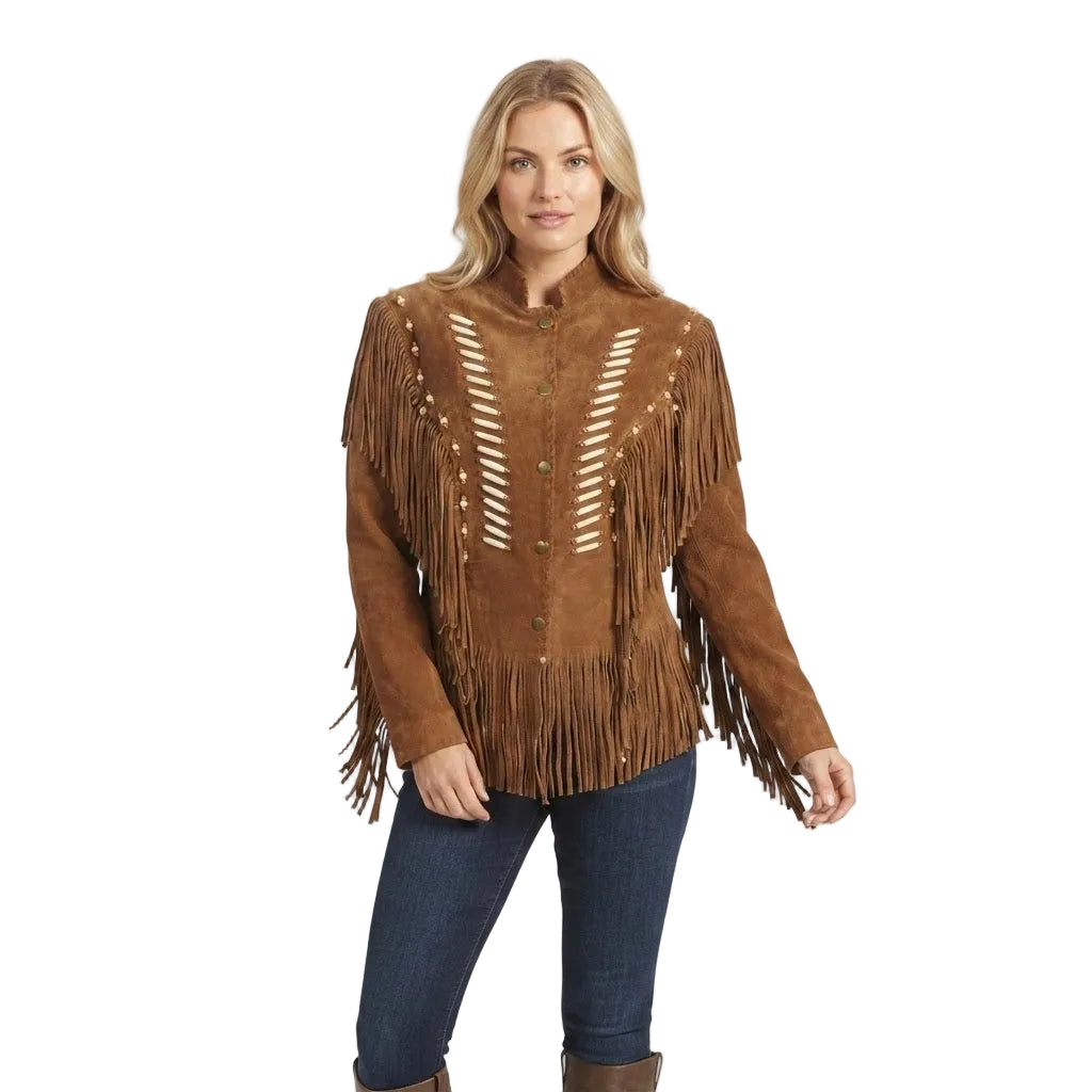 A woman modeling a brown suede fringe jacket with white embroidered geometric patterns on the front, paired with dark blue jeans, against a plain white background.