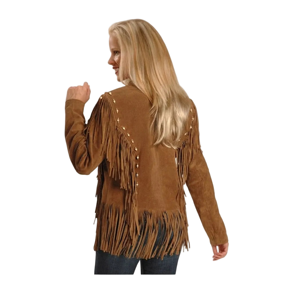 A woman shown from the back wearing a brown suede fringe jacket with decorative studs, paired with dark jeans, against a plain white background.
