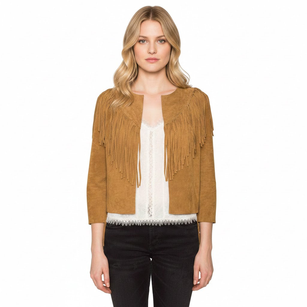 Woman wearing a brown suede jacket with fringe on a white background