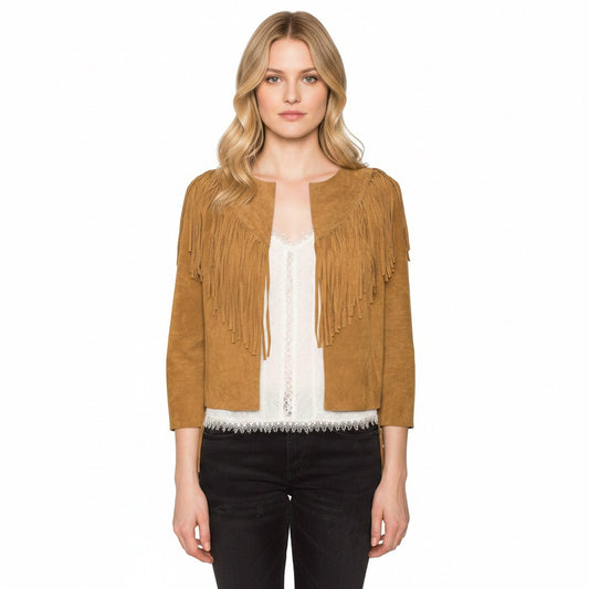 Woman wearing a brown suede jacket with fringe on a white background