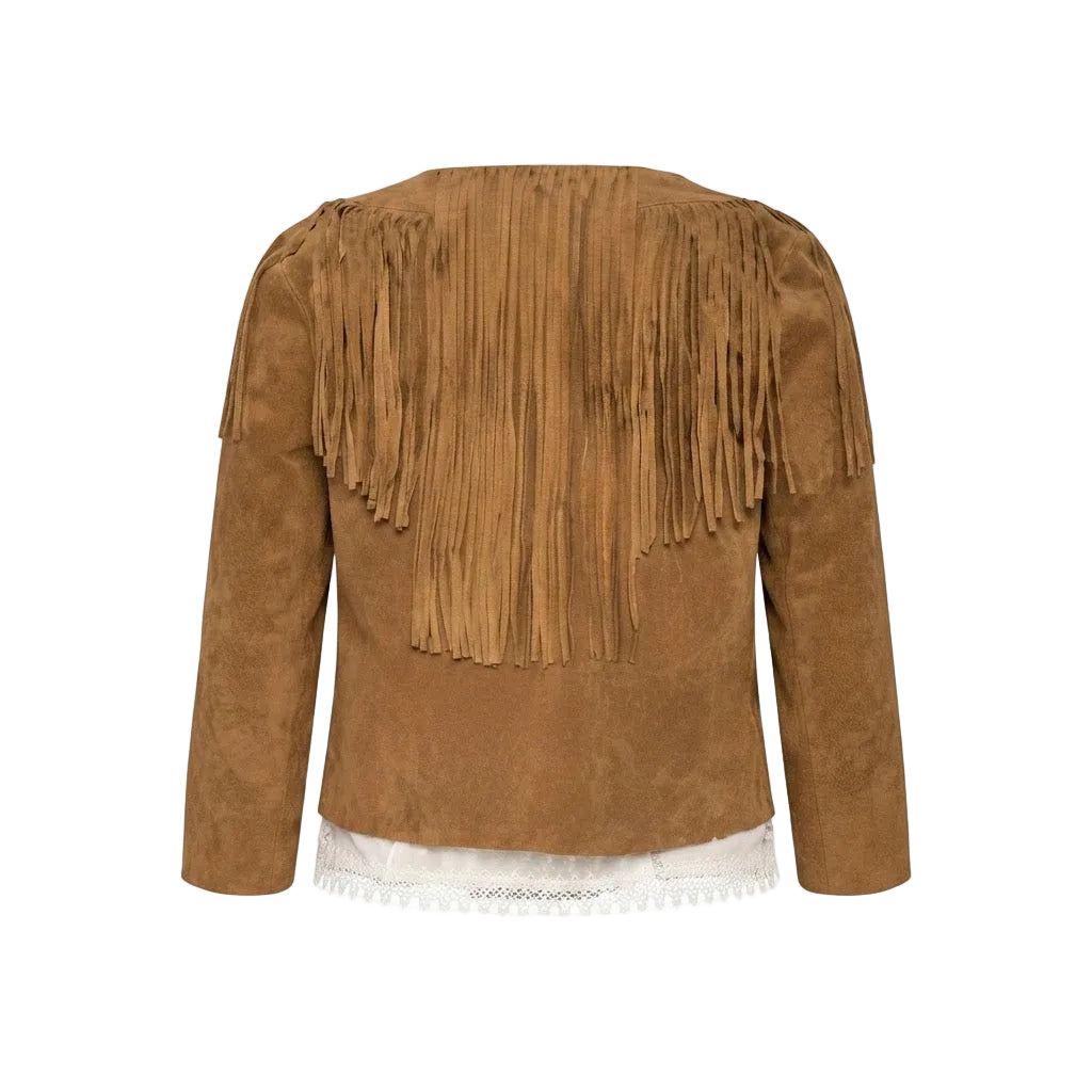 A brown suede fringe jacket with long sleeves and a white lace hem, shown from the back on a white background.