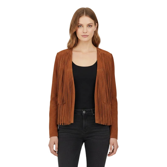 Woman wearing a brown fringed jacket on a white background