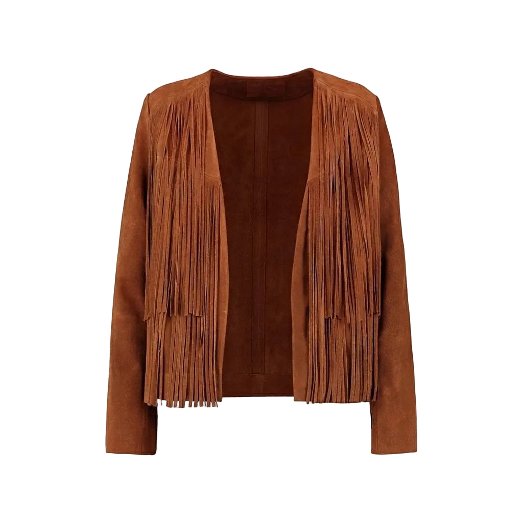 A brown suede fringe jacket with long hanging fringe detailing along the front opening and sleeves, shown against a plain white background.