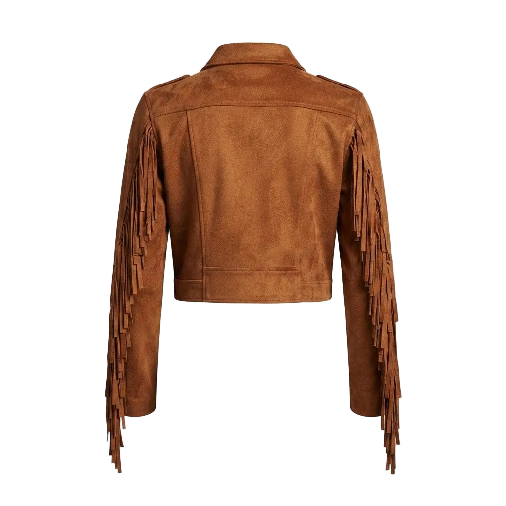 A cropped brown faux-suede fringe jacket shown from the back, featuring fringe detailing along the sleeves, set against a plain white background.