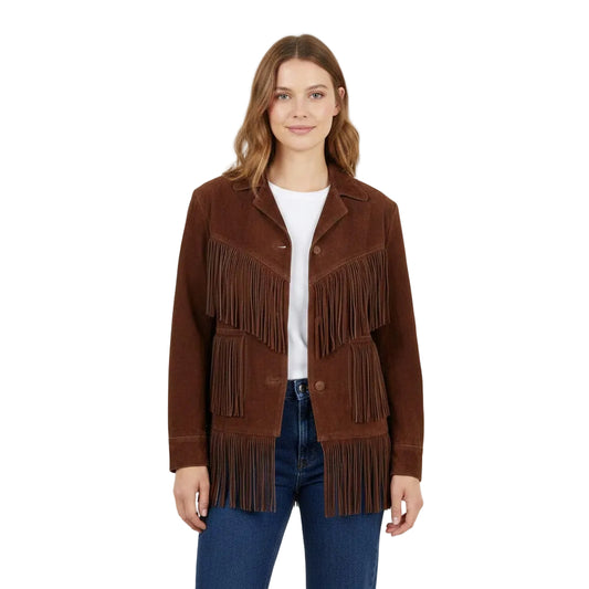 Woman wearing a brown fringed jacket on a white background
