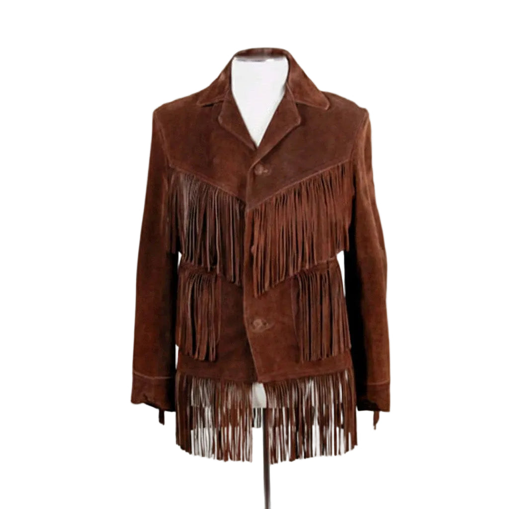 Brown suede jacket with fringes on a mannequin against a white background