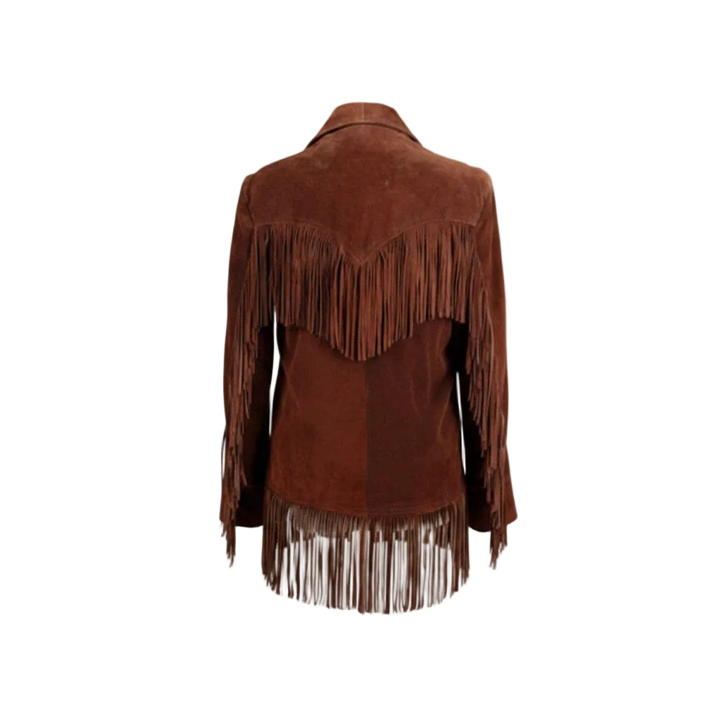 Brown suede jacket with fringes on a white background