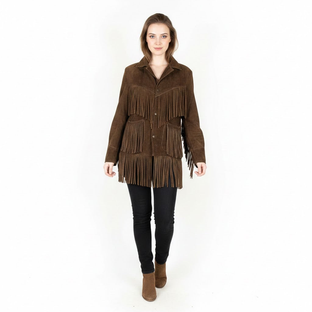 Woman wearing a brown fringed jacket on a white background