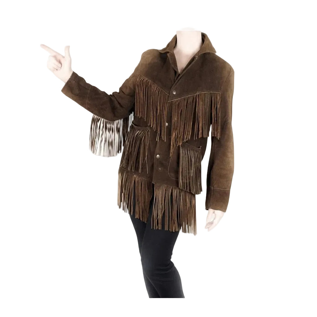 A brown suede fringe jacket against a white background. The jacket features a pointed collar, button front, and multiple cascading fringe layers, with a silver-toned fringe detail on the sleeve.