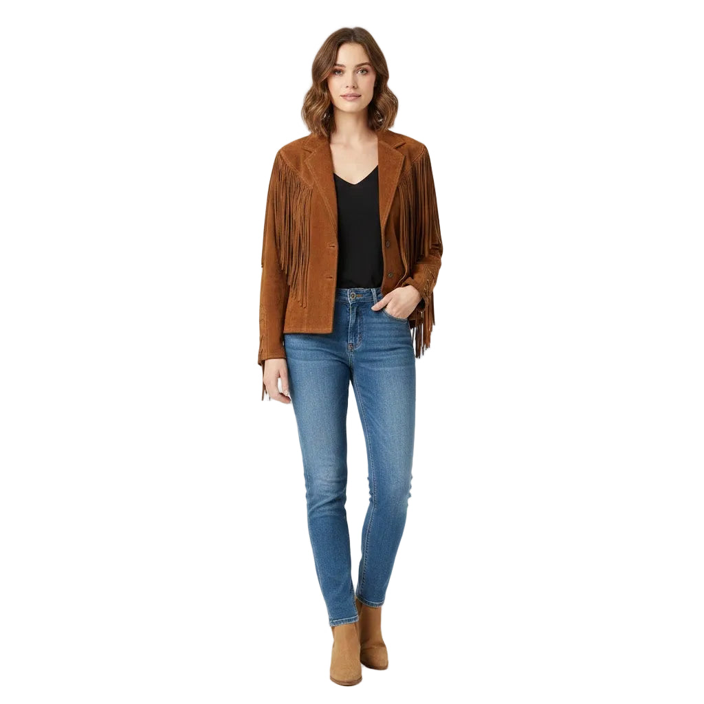 Woman wearing a brown suede jacket, black top, blue jeans, and brown boots on a white background