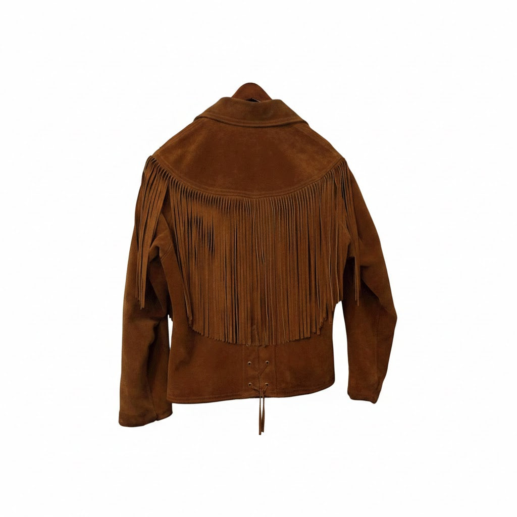Brown suede jacket with fringes on a white background