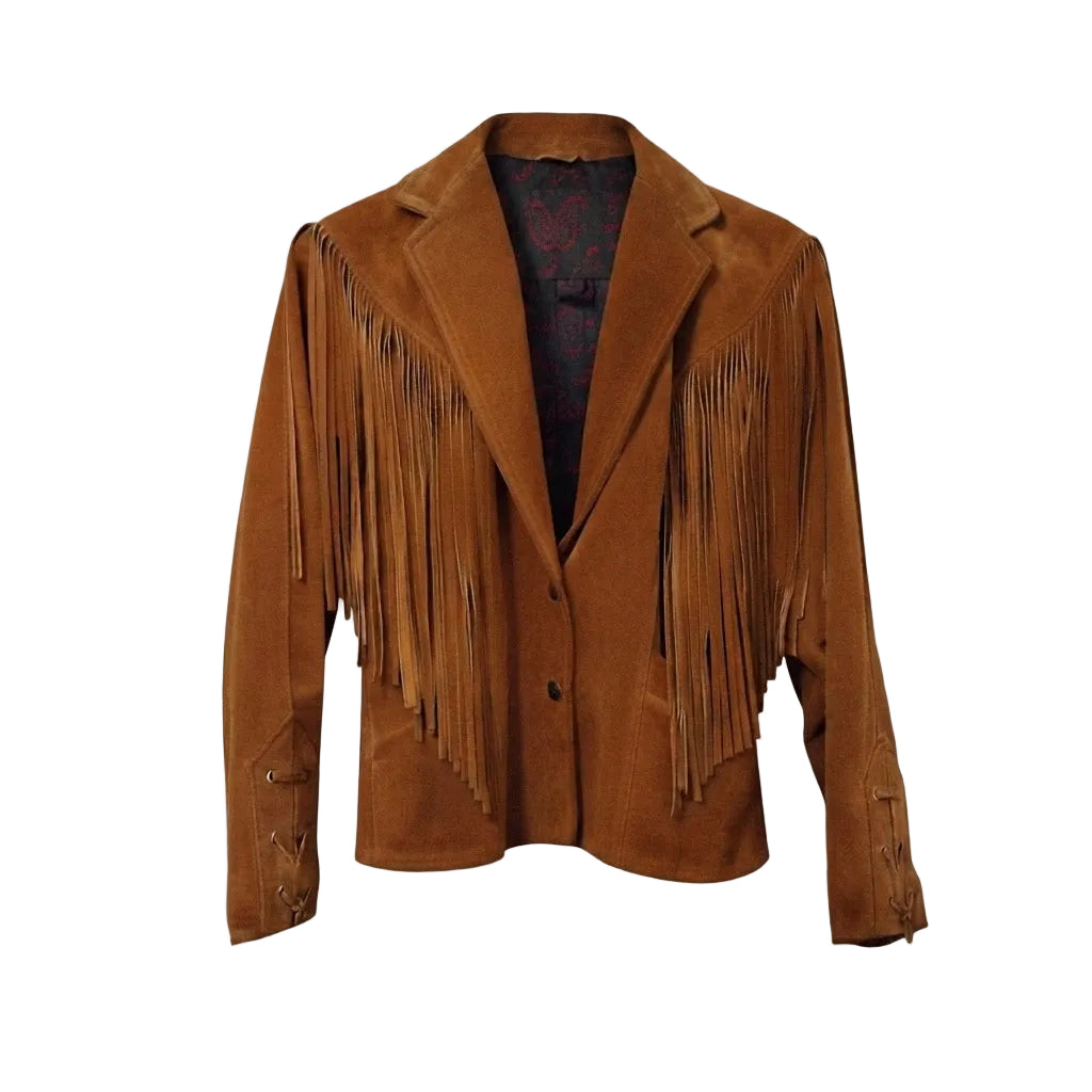A brown suede fringe jacket long hanging fringe detailing on the front and sleeves, shown against a plain white background.