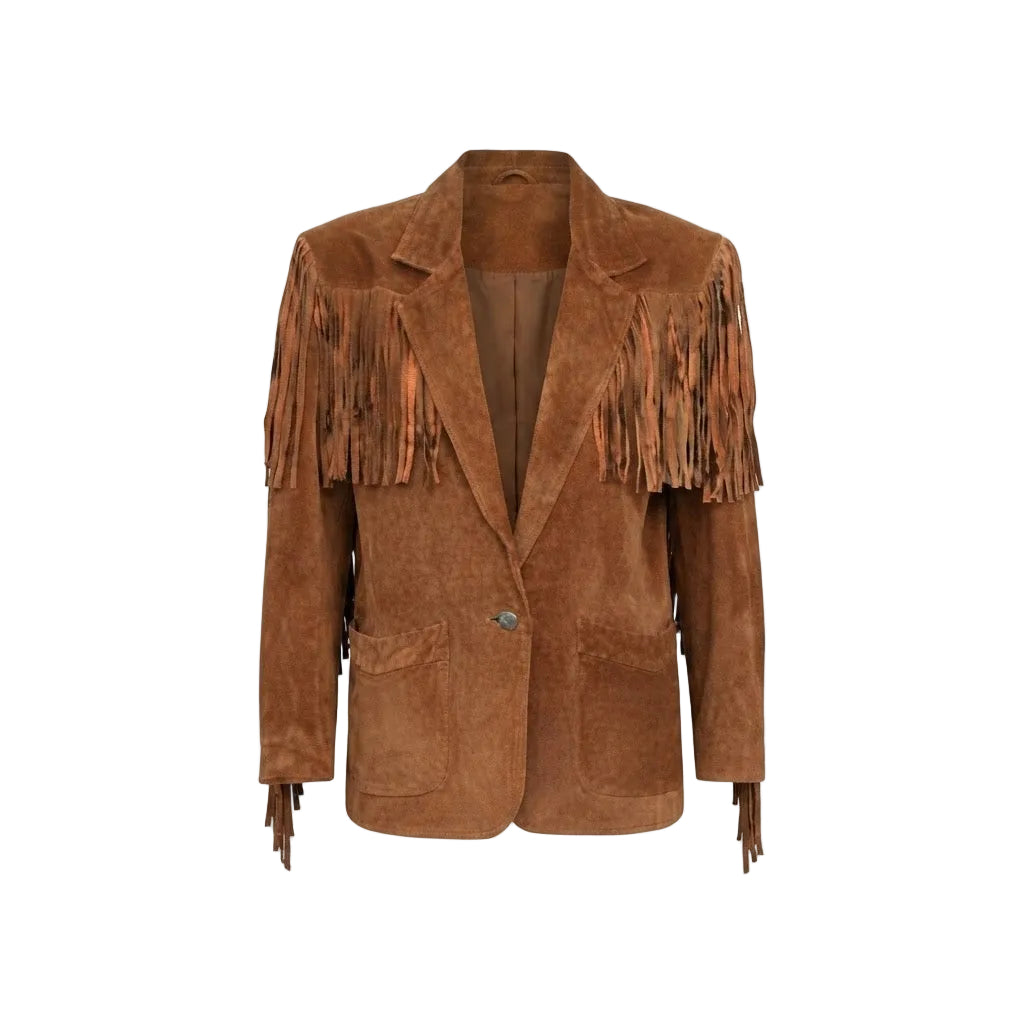 A brown suede fringe blazer jacket with notch lapels, a single button closure, and front flap pockets, shown against a plain white background.