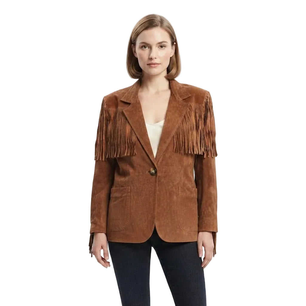 A woman modeling a brown suede fringe Jacket over a cream top and black pants, photographed against a plain light white studio background. 