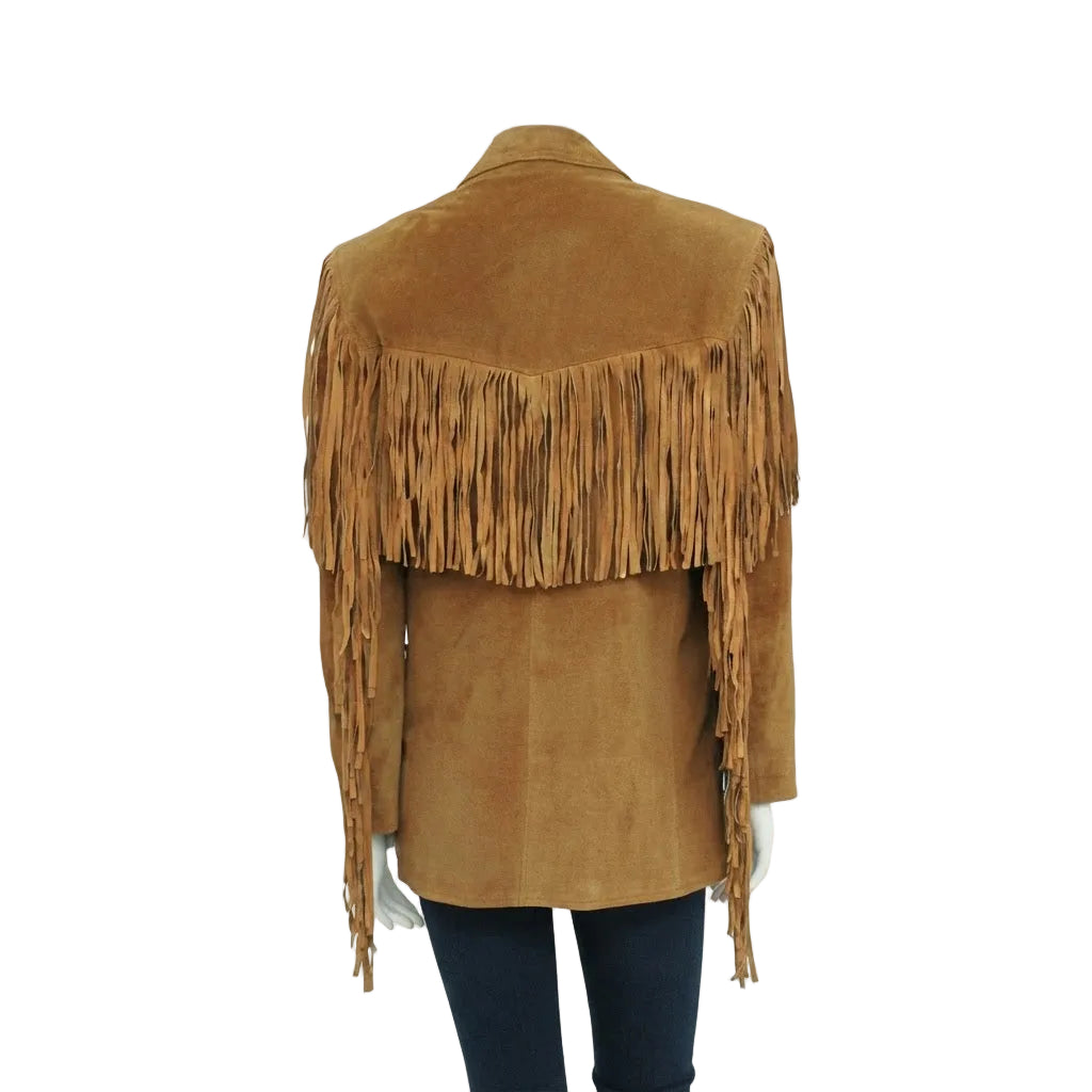 A Brown suede fringe jacket displayed on a mannequin from the back, featuring long fringe across the shoulders and down the sleeves, paired with dark blue jeans against a white background.