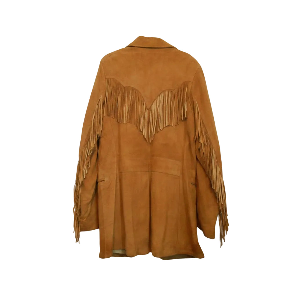 Brown suede jacket with fringe details on a white background