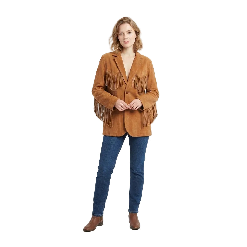 A woman modeling a Brown suede fringe Jacket, paired with blue jeans and brown boots, against a plain white studio background.