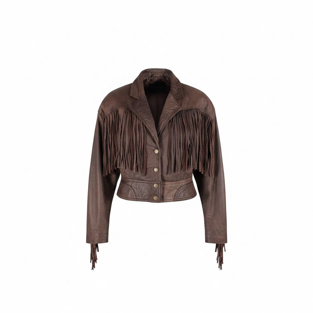 Brown leather jacket with fringes on a white background