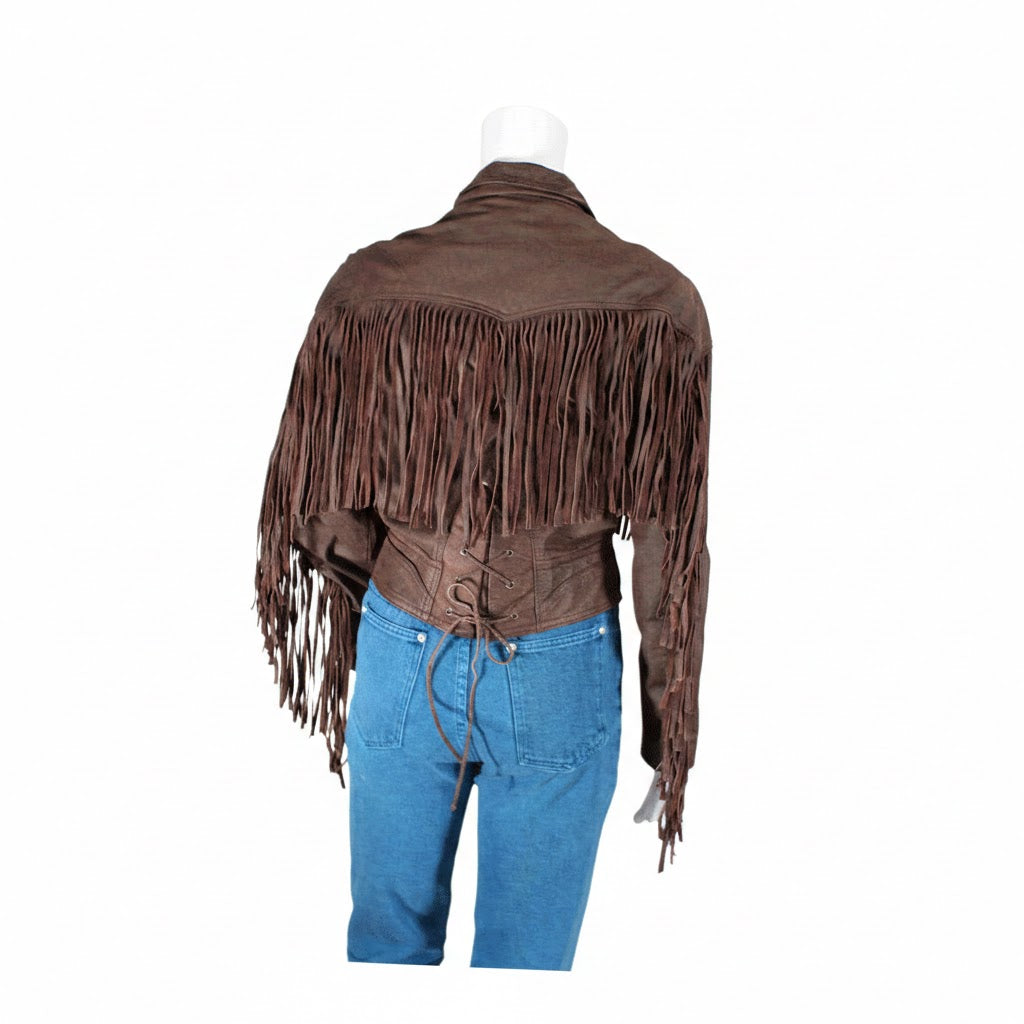 Brown fringed jacket on a mannequin with blue jeans against a white background