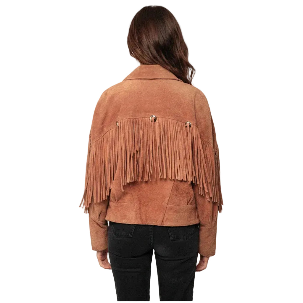 Brown suede jacket with fringe details on a plain background