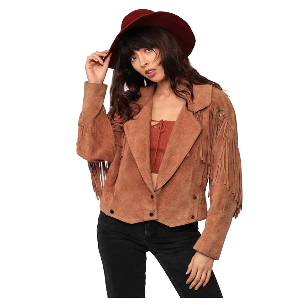 Woman wearing a brown suede jacket with fringe and a matching hat on a white background