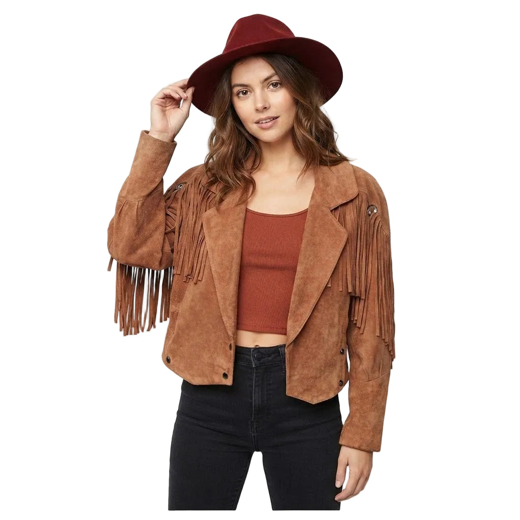 A woman models a brown leather fringe jacket, a rust-colored top, black jeans, and a dark red wide-brim hat against a light gray studio background.