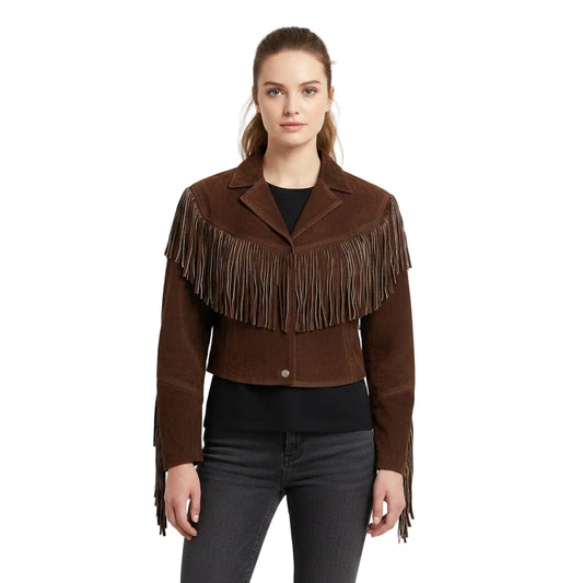 Woman wearing a brown suede jacket with fringe details on a white background