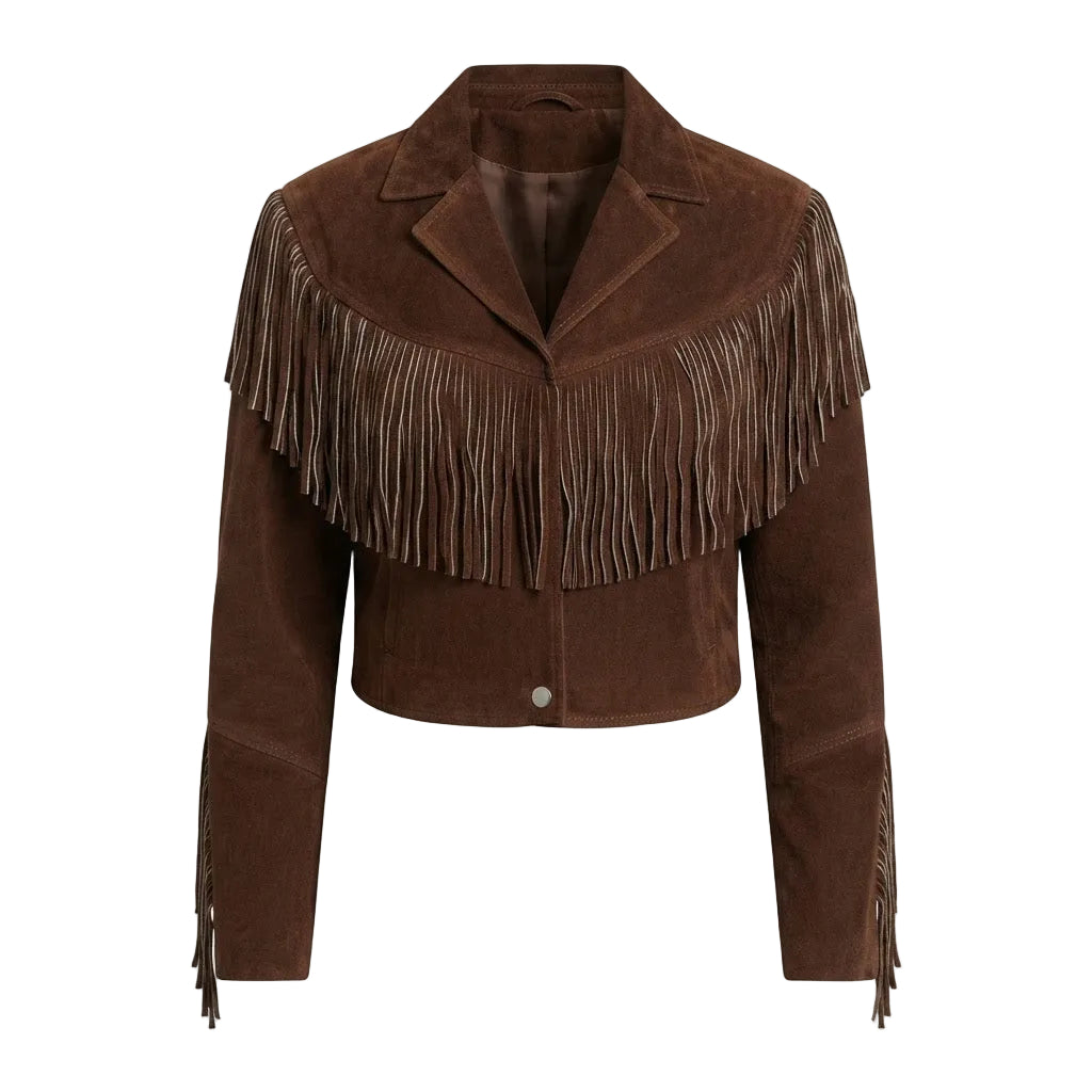 A brown suede fringe jacket with a notched lapel collar, long sleeves, and a single button closure, shown against a plain white background.