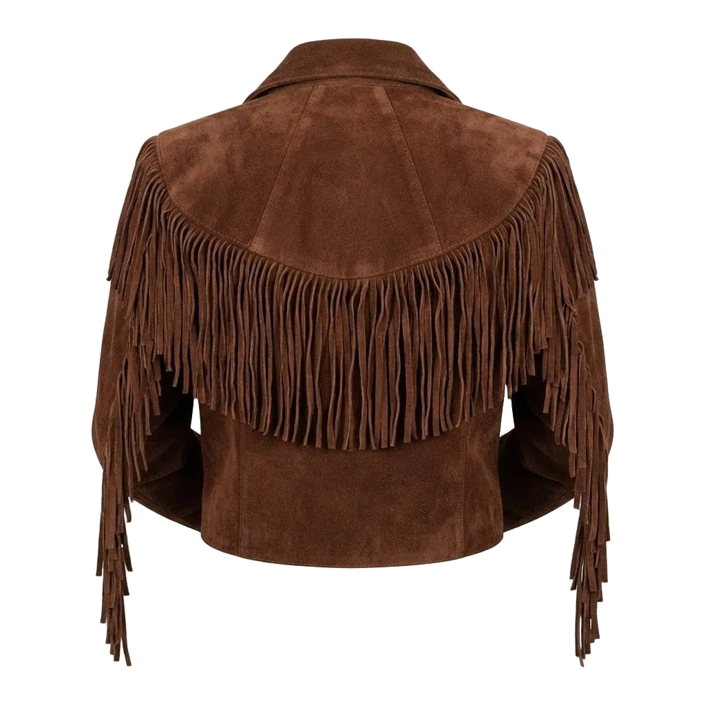 A brown suede fringe jacket shown from the back, featuring a wide collar, long sleeves, and dense fringe detailing across the shoulders and upper back, set against a plain white background.