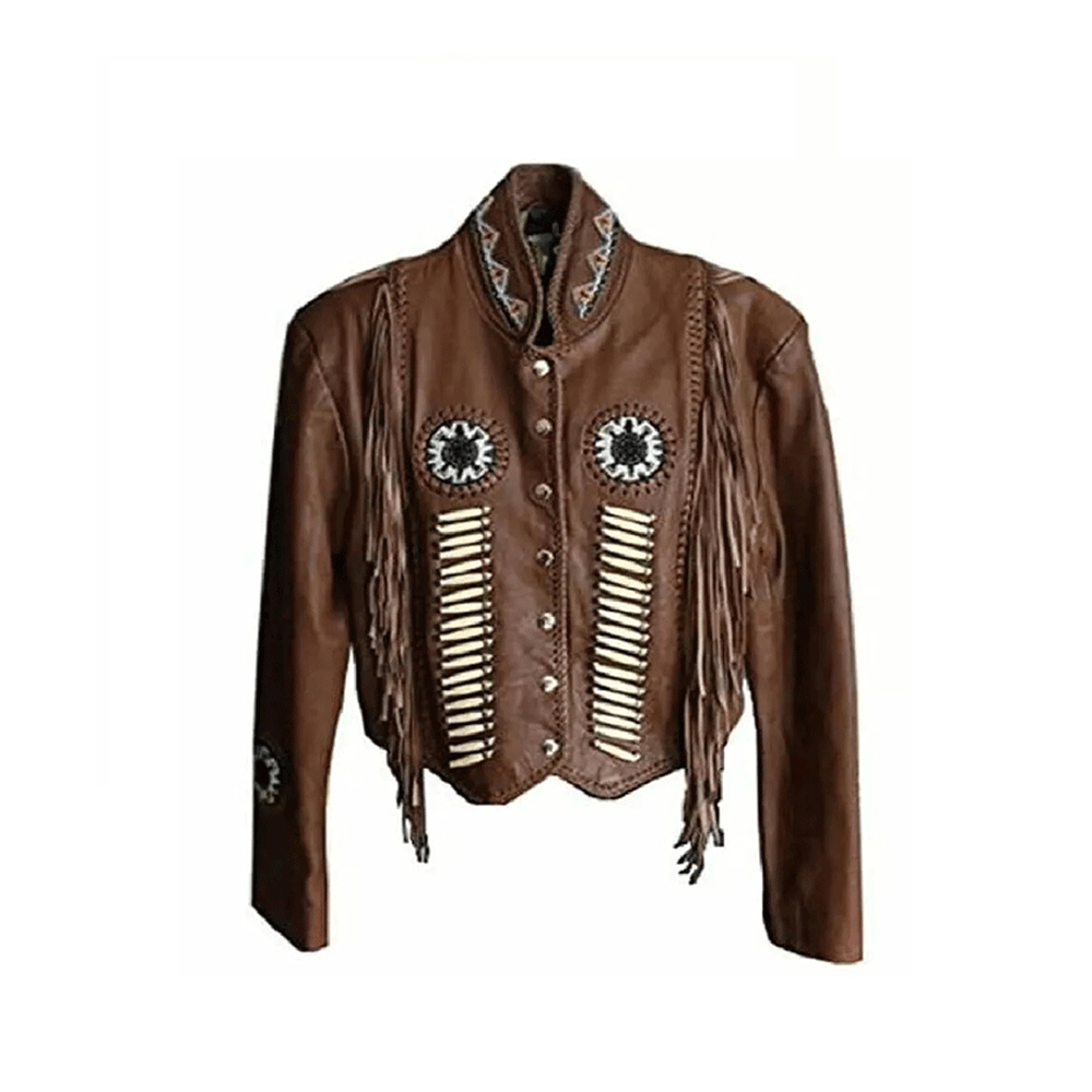 Women’s Western Beaded Fringe & Bone Leather Jacket WFJ1072