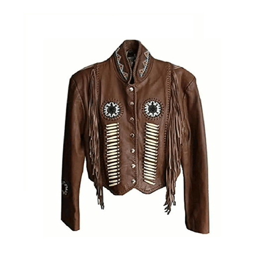 Women’s Western Beaded Fringe & Bone Leather Jacket WFJ1072