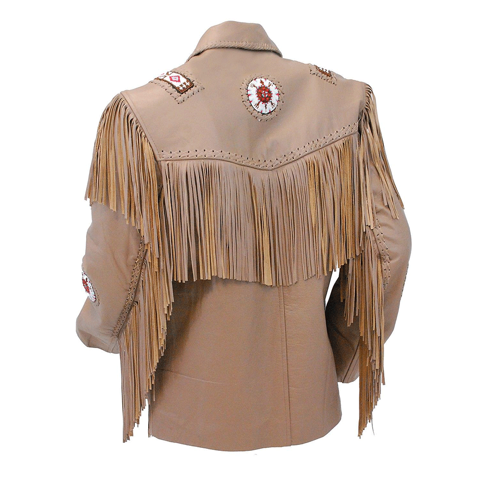 Western Fringe Beaded Beige Leather Jacket Cowboy Jacket LWJ5070