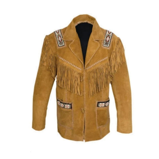 Western Brown Suede Leather Fringe Beaded Jacket Cowboy Jacket LWJ1380