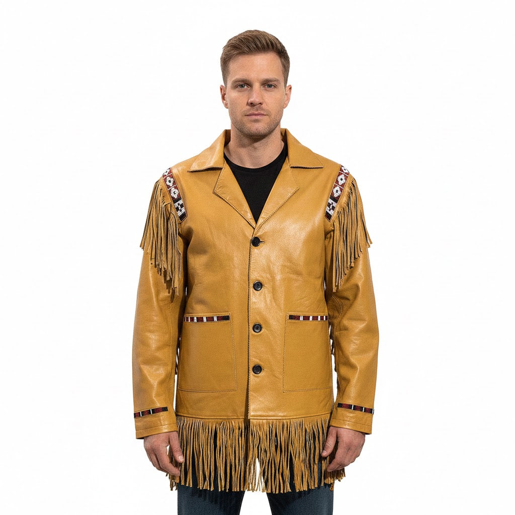 Man wearing a tan leather jacket with fringes and bead decorations on a white background