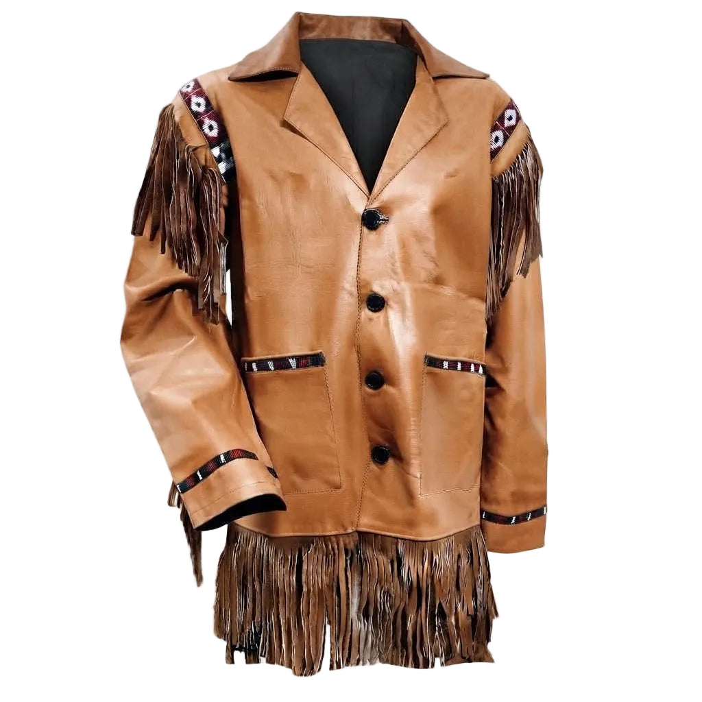 A brown leather fringed jacket with decorative bead work on the shoulders and cuffs, displayed against a plain white background.