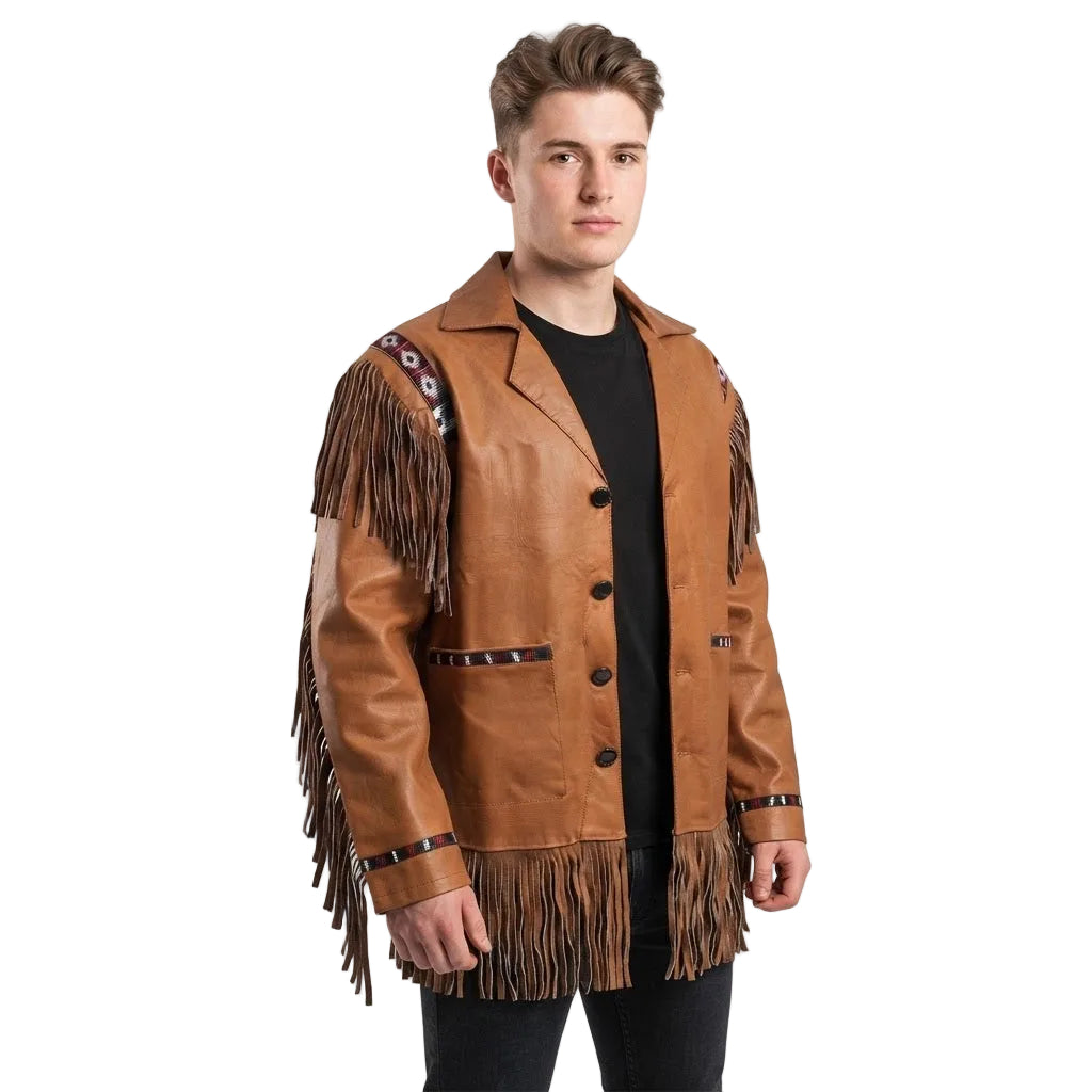 A man wearing a brown leather fringe jacket with decorative bead work and black buttons, styled over a black t-shirt and black pants, against a plain white background.